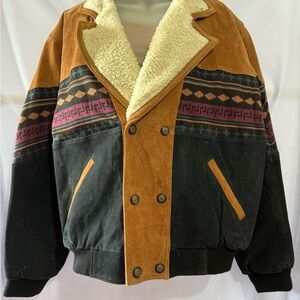Vintage 90s Suede Aztec Bomber Jacket Sherpa Lined – Brown/Black
